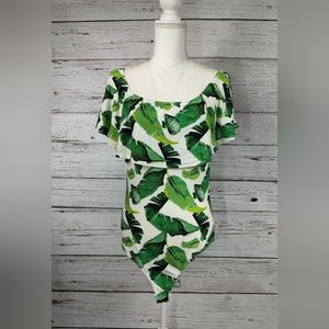 Leaf Print Ruffle Top Bodysuit